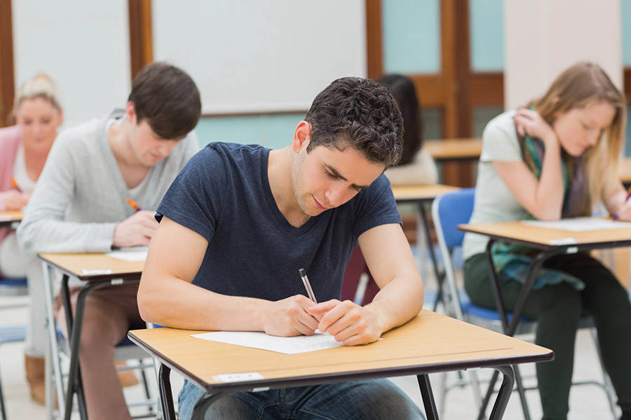 Students taking a test in a classroom in San Diego